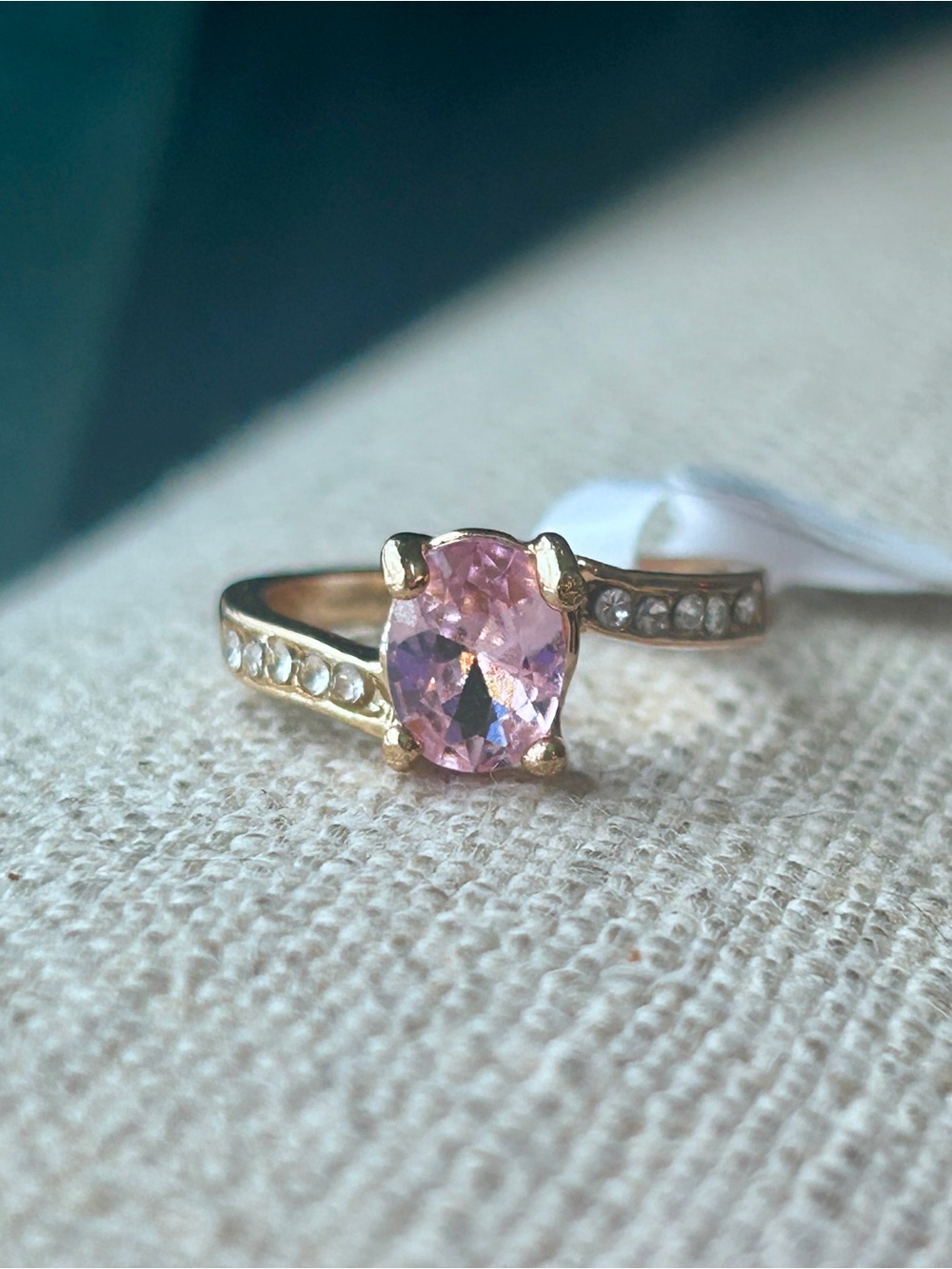 Gold Ring with Pink Oval Gemstone and Pavé Accents - size 7